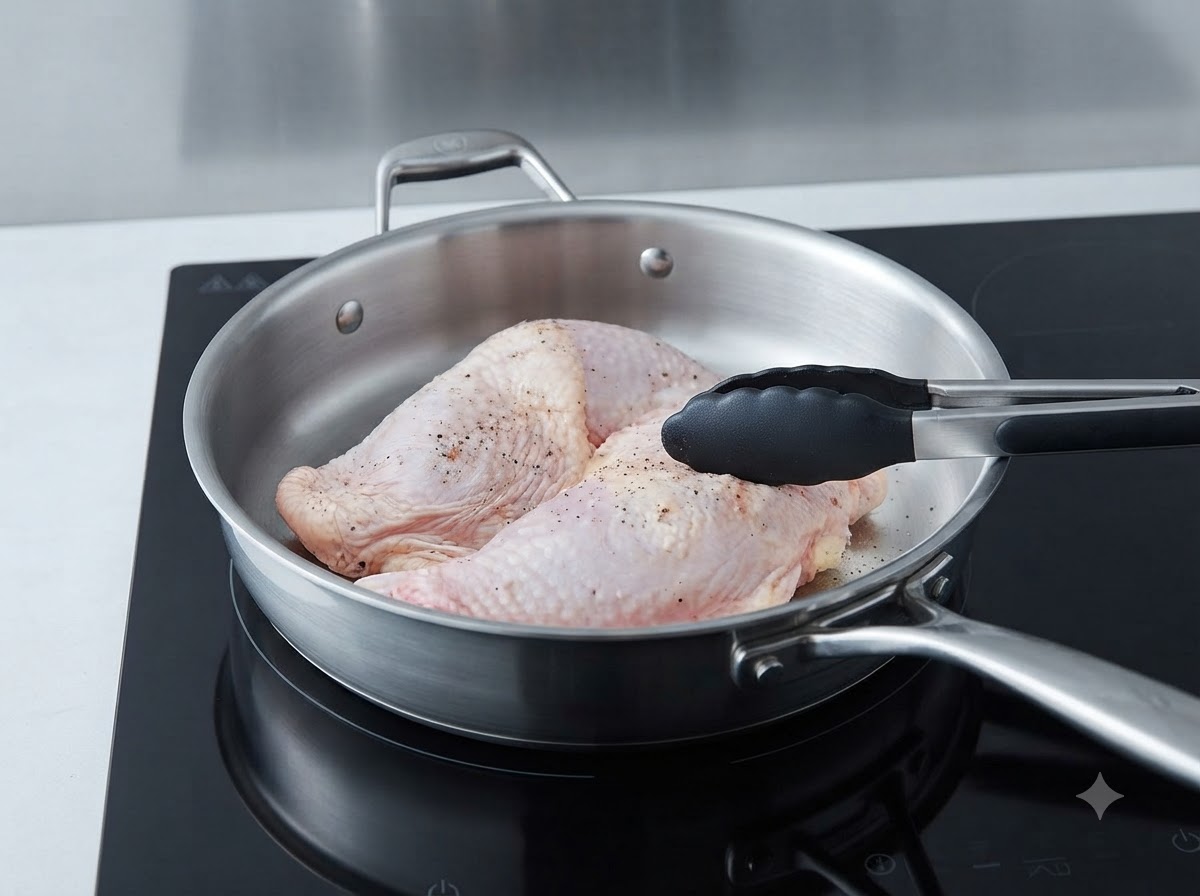 Cuisses de poulet assaisonnées en train de frire dans une poêle en acier inoxydable manipulées avec des pinces noires.