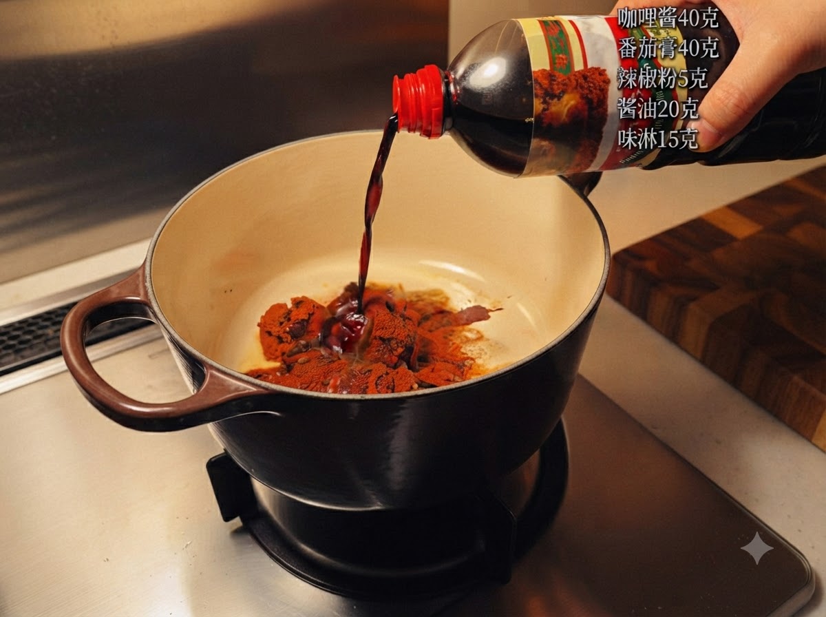 Sauce foncée versée dune bouteille dans une casserole contenant de la pâte de curry et des épices sur un réchaud.