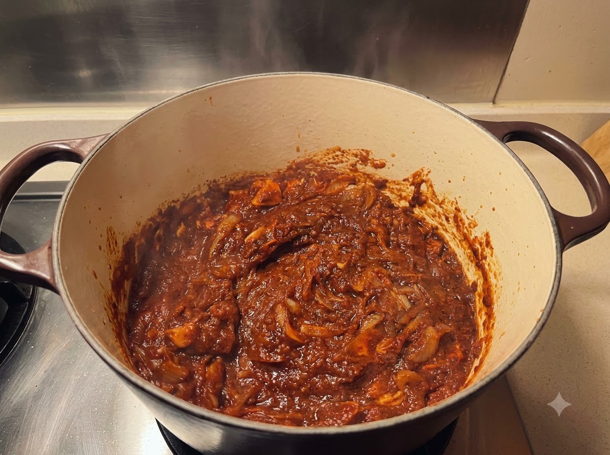 Bouillon liquide versé dans une grande cocotte remplie dune base de curry riche et foncée.