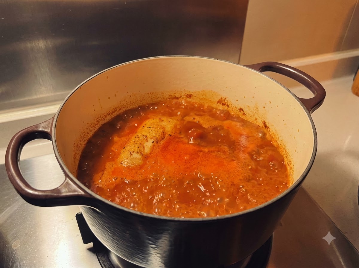 Une seule cuisse de poulet assaisonnée submergée dans un bouillon de curry rouge-orangé bouillonnant à lintérieur dune casserole.