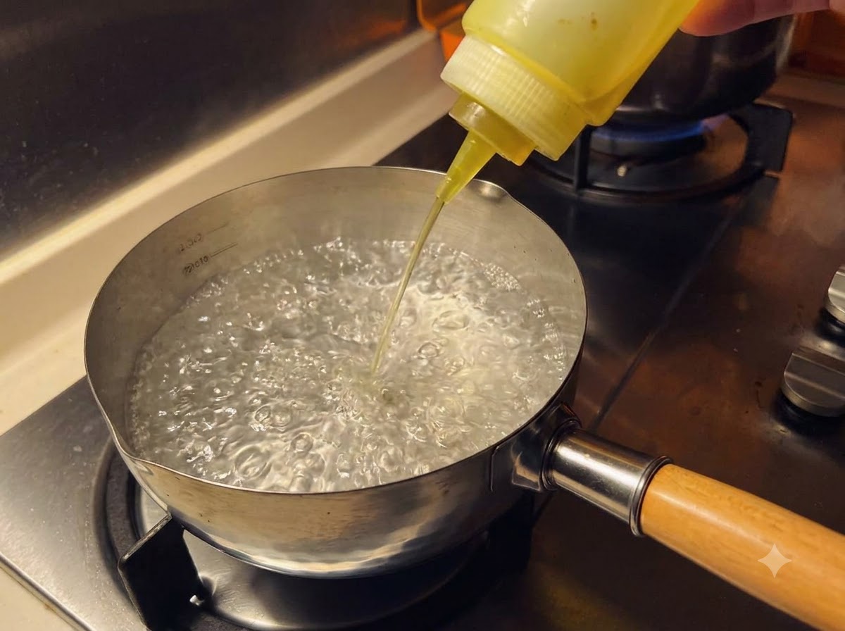 Huile de cuisson versée dune bouteille souple dans une petite casserole deau bouillante bouillonnante sur un réchaud.