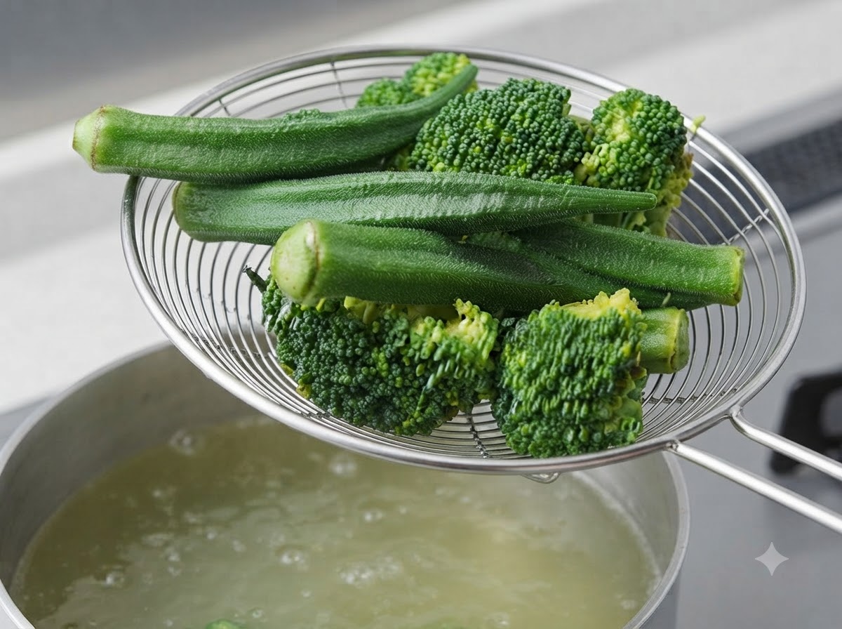 Une passoire en treillis métallique tenant des fleurets de brocoli fraîchement blanchis et des gombos verts entiers au-dessus dune casserole fumante.