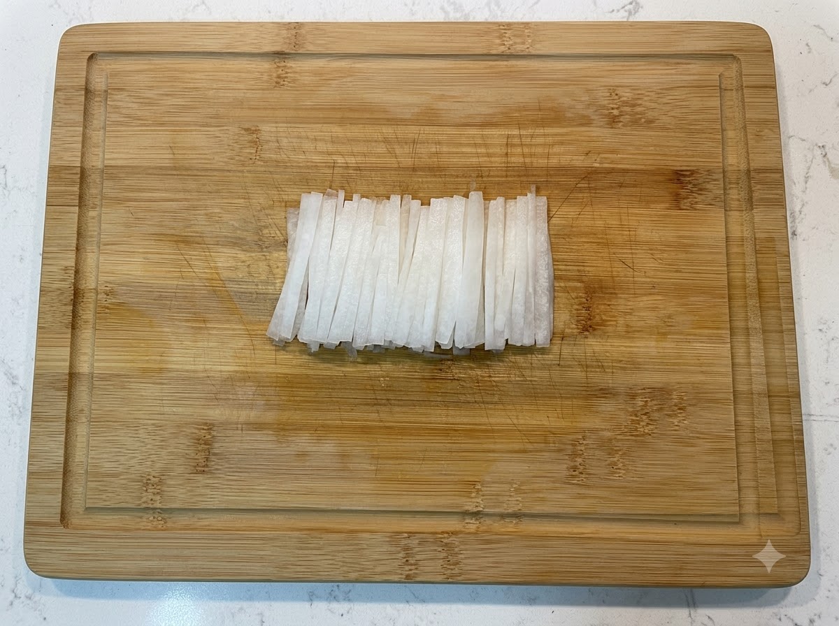 Radis blanc finement tranché disposé proprement sur une plancha en bois.