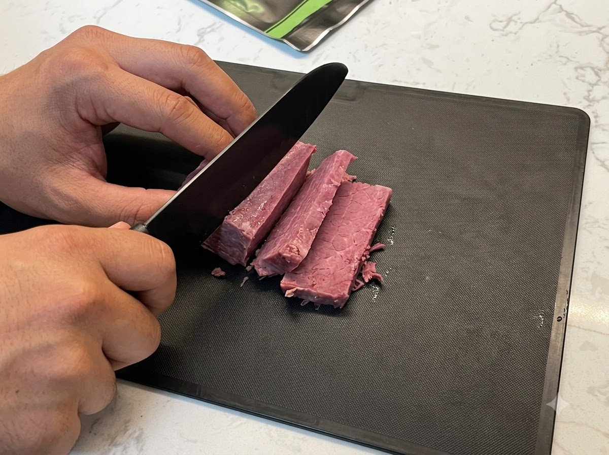 Morceaux épais de bœuf cuit en cours de découpe sur une planche sombre.