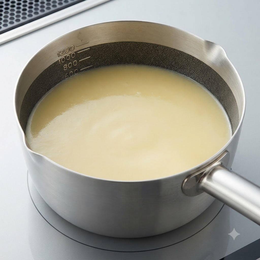 Bouillon de miso blanc lisse en cours de mélange dans une casserole en métal.