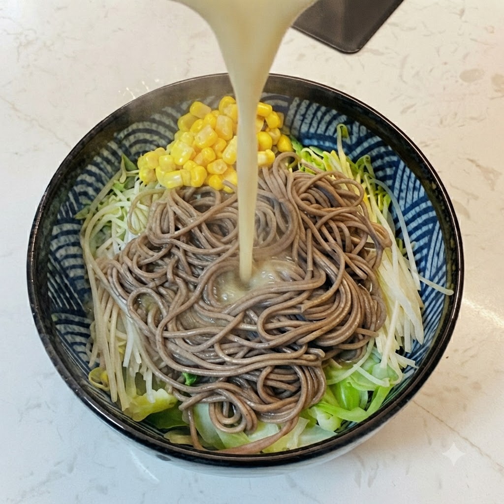 Bouillon de miso chaud versé dun pichet dans un bol contenant des nouilles de sarrasin, du chou, des pousses de soja et du maïs.