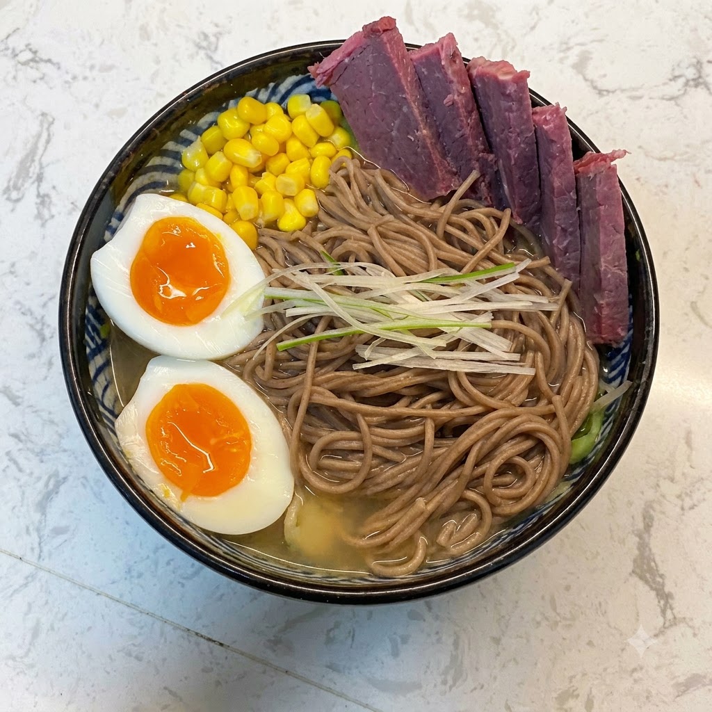 Tranches de bœuf disposées proprement le long du bord du bol de ramen sur les nouilles et la soupe.