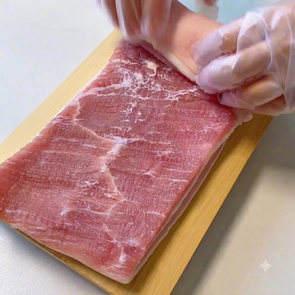 Des mains gantées de protection roulant fermement un morceau plat de poitrine de porc crue sur une planche en bois.