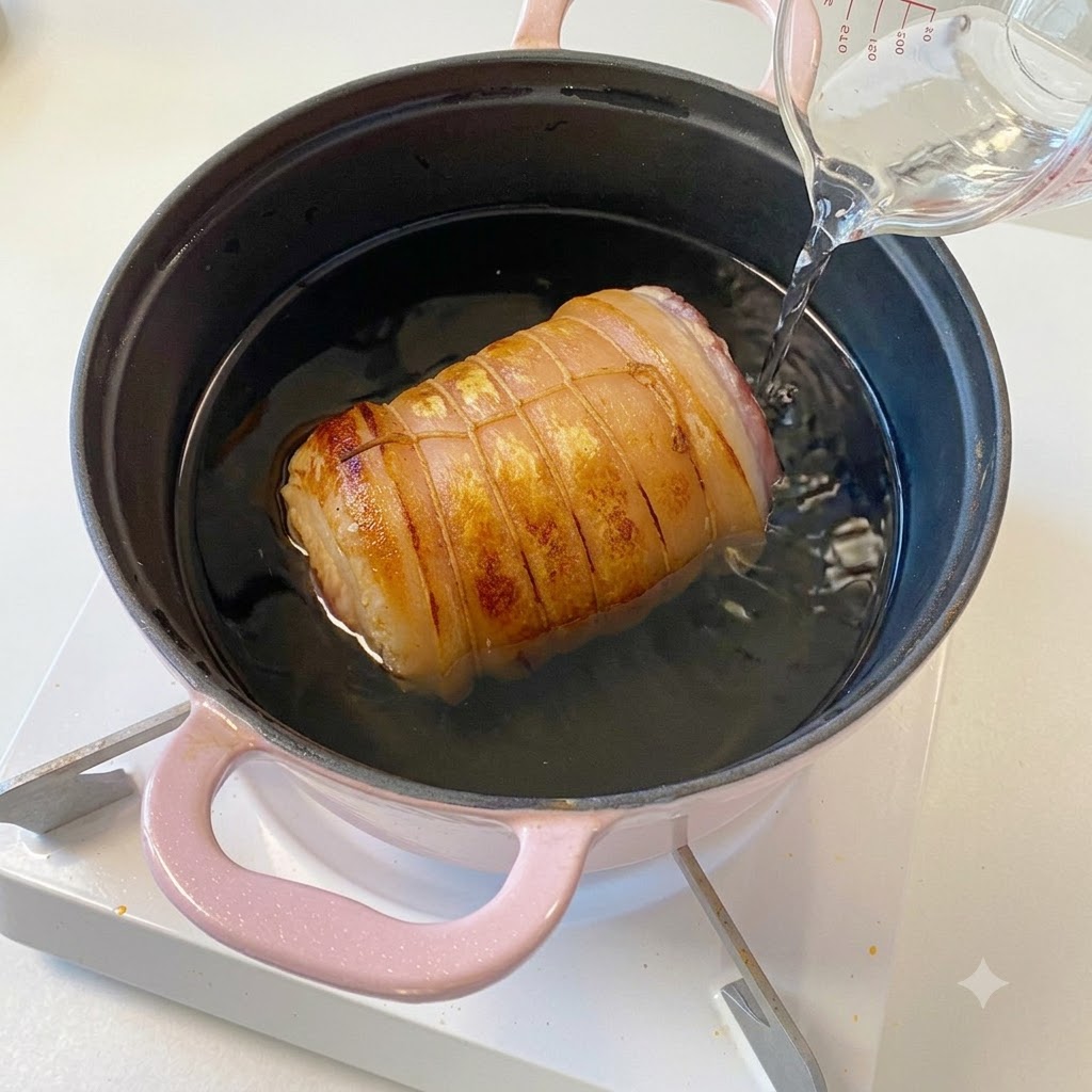 De leau et des sauces de cuisson versées dun verre mesureur dans une casserole rose contenant le rôti de porc saisi.
