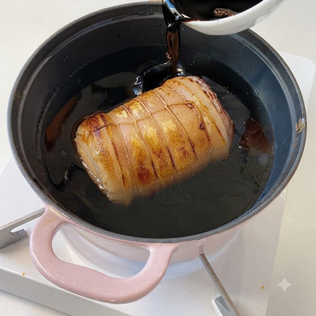 Du sucre blanc versé dun petit plat blanc dans le liquide de braisage à lintérieur de la casserole rose.