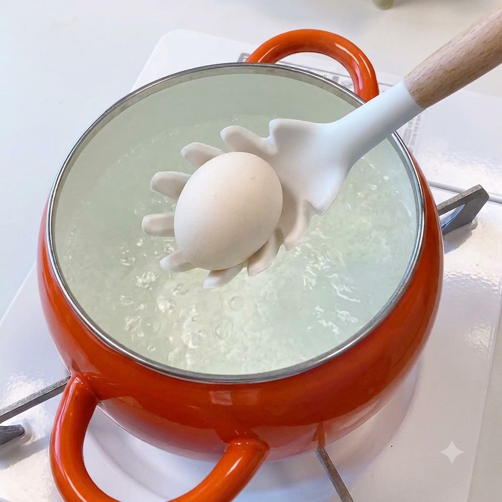 Un œuf abaissé à laide dune écumoire dans une casserole orange remplie deau bouillante.