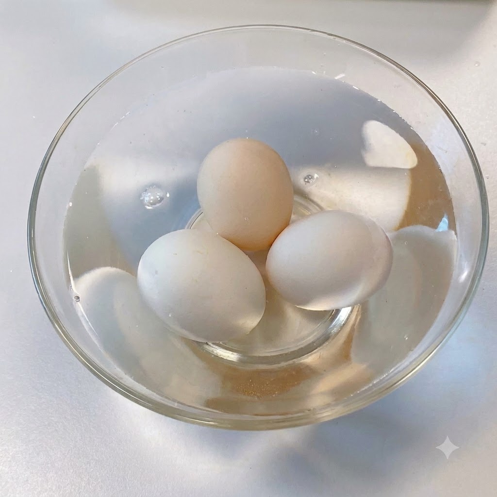 Trois œufs blancs écalés reposant dans un bol en verre transparent rempli deau froide.