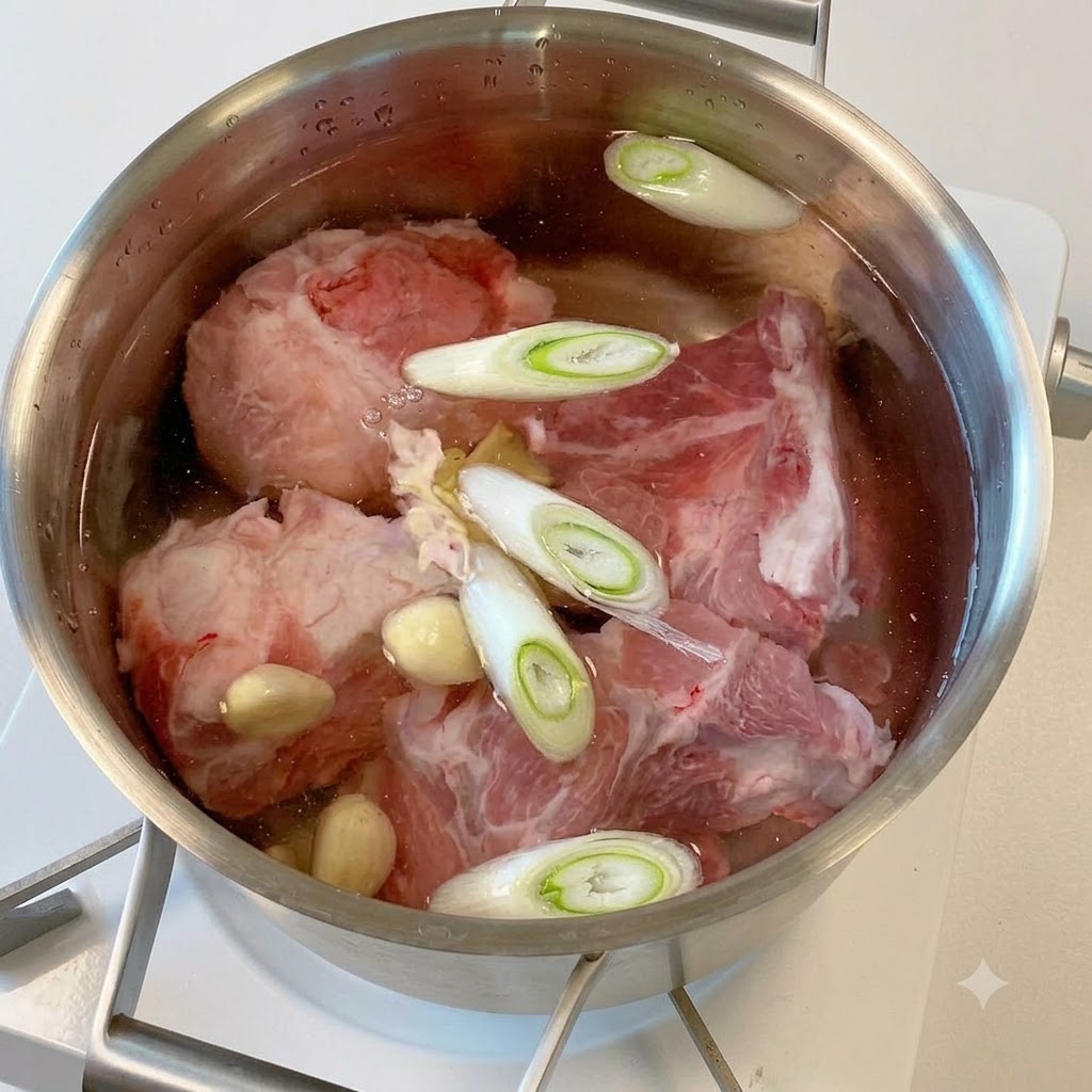Des morceaux dos de porc crus, des cébettes tranchées et des gousses dail dans une casserole deau.