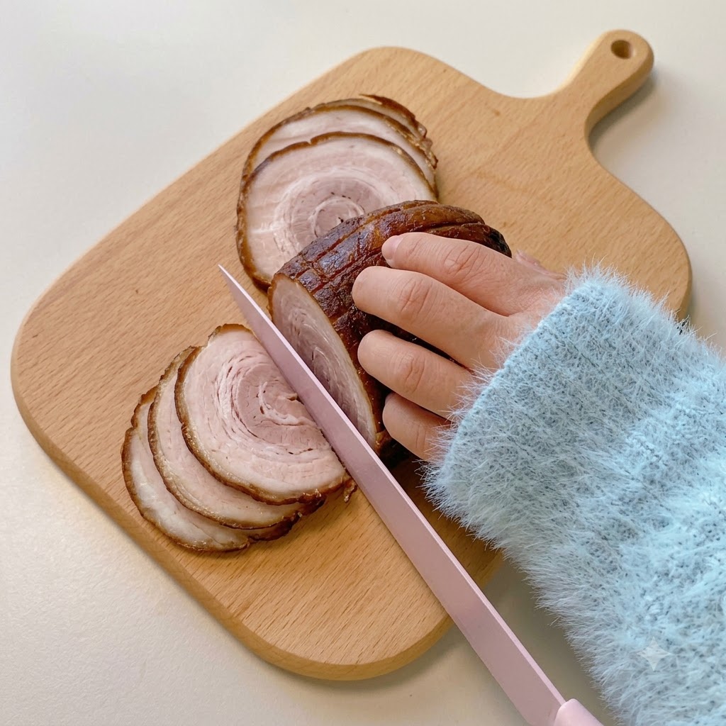Une main utilisant un couteau rose pour trancher un rouleau de porc chashu braisé sur une planche en bois en rondelles nettes.