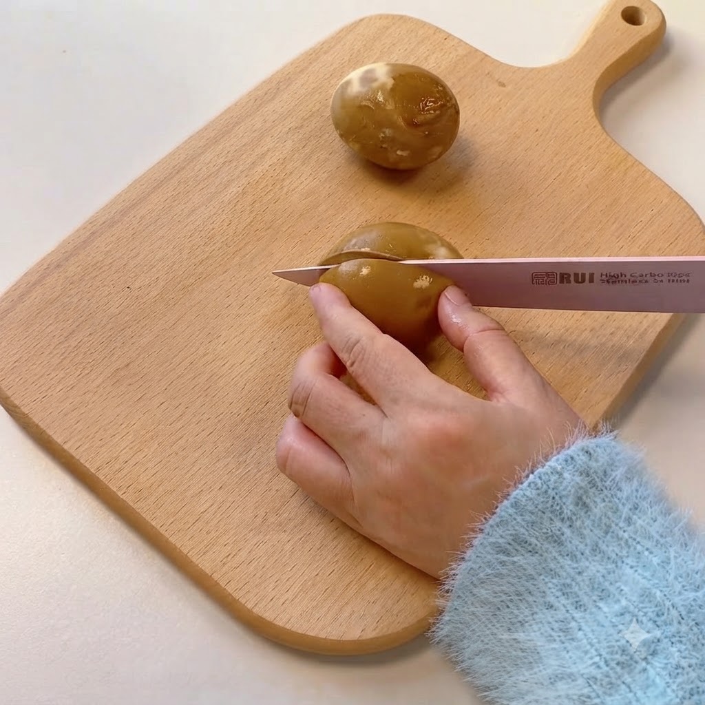 Un œuf mollet mariné coupé en deux sur une planche à découper en bois, exposant le jaune fondant et crémeux.
