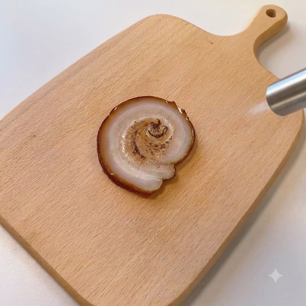 Un chalumeau de cuisine utilisé pour faire griller la surface dune seule tranche de porc chashu sur une planche en bois.