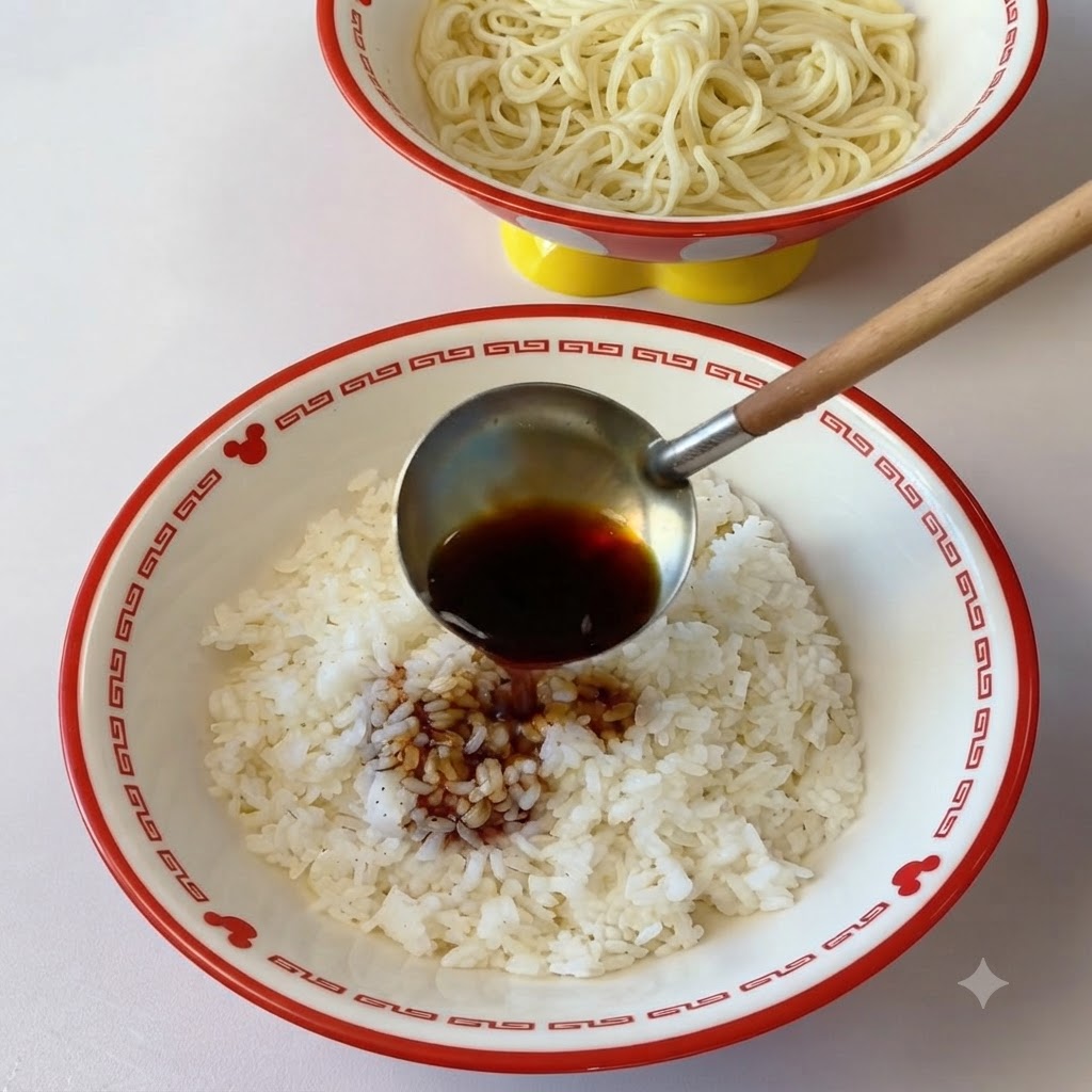 Une louche versant une sauce dassaisonnement foncée et du bouillon de viande sur un bol de riz blanc cuit.