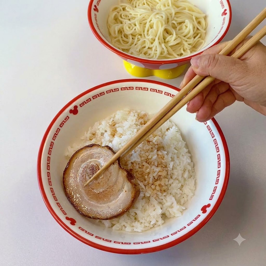 Des baguettes plaçant une tranche de porc chashu sur le bol de riz assaisonné.