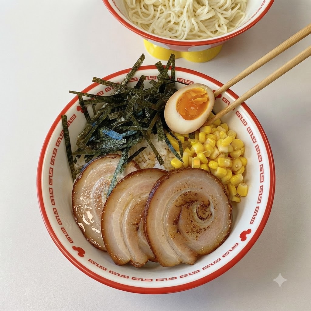 Des baguettes plaçant délicatement un œuf mollet coupé en deux avec un centre orange vif et coulant sur un bol de riz chashu préparé.