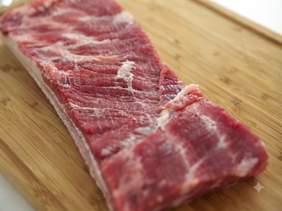 Un cylindre serré de poitrine de porc maigre crue roulée sur une planche à découper en bambou.