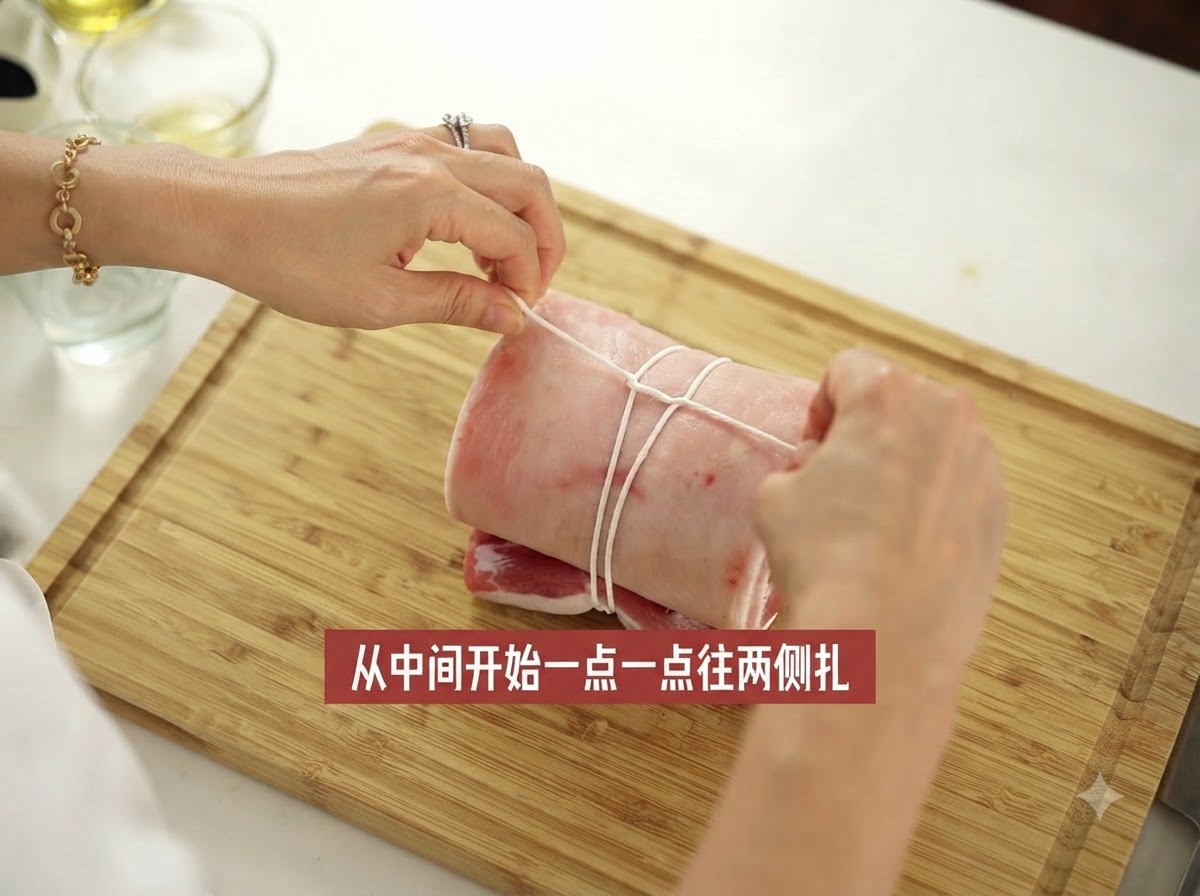 Un morceau de poitrine de porc roulé fermement ficelé avec de la ficelle de cuisine blanche sur toute sa longueur.