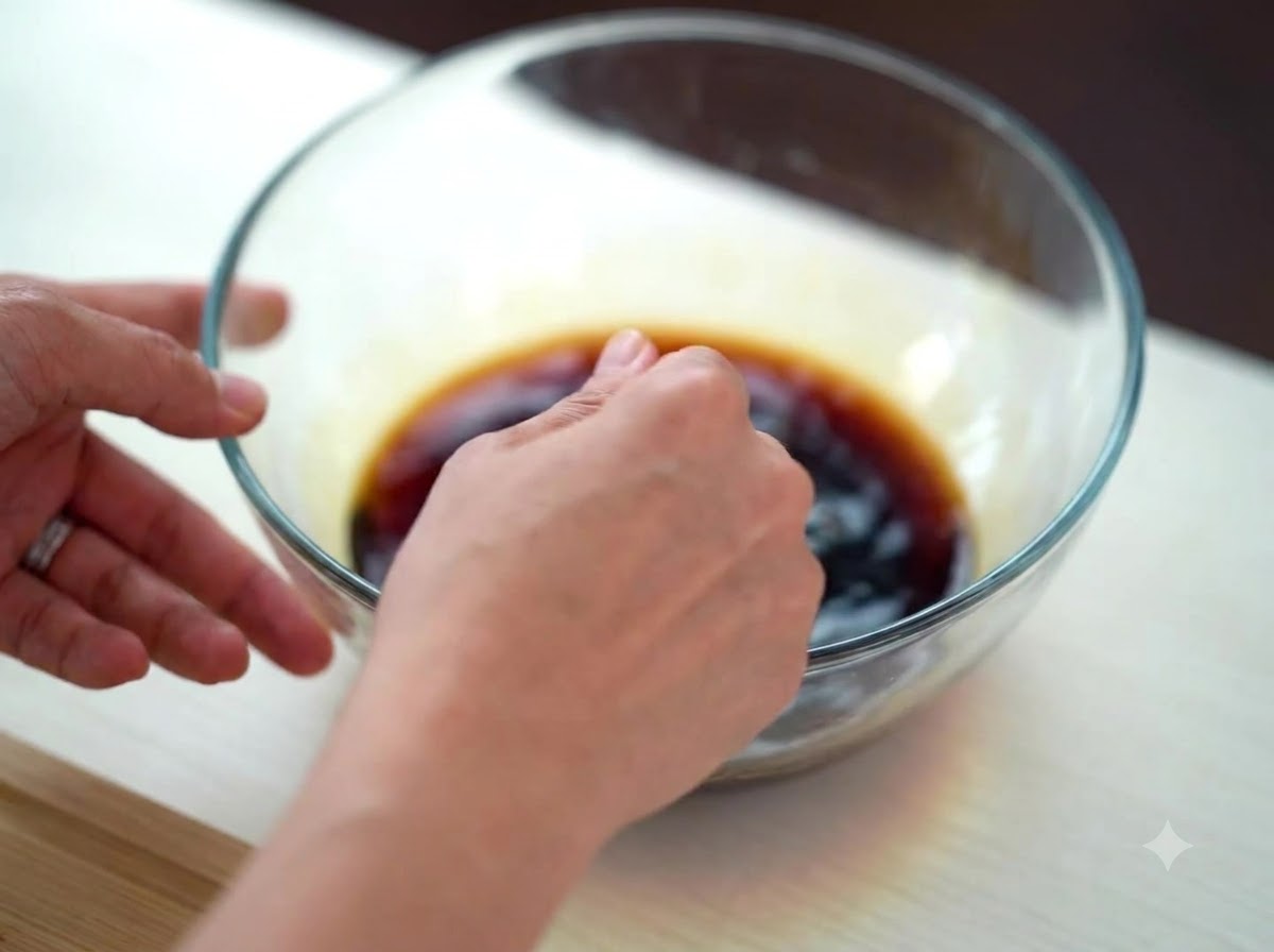 Une main mélangeant une sauce sombre à base de soja dans un bol en verre transparent.