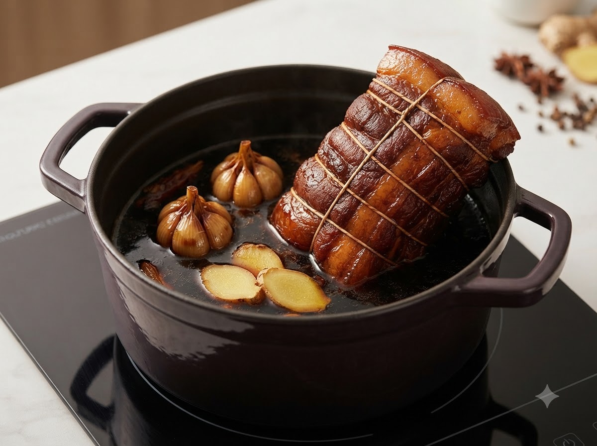 Une marmite contenant le rouleau de porc saisi, des gousses dail, des tranches de gingembre et le liquide de braisage sombre.