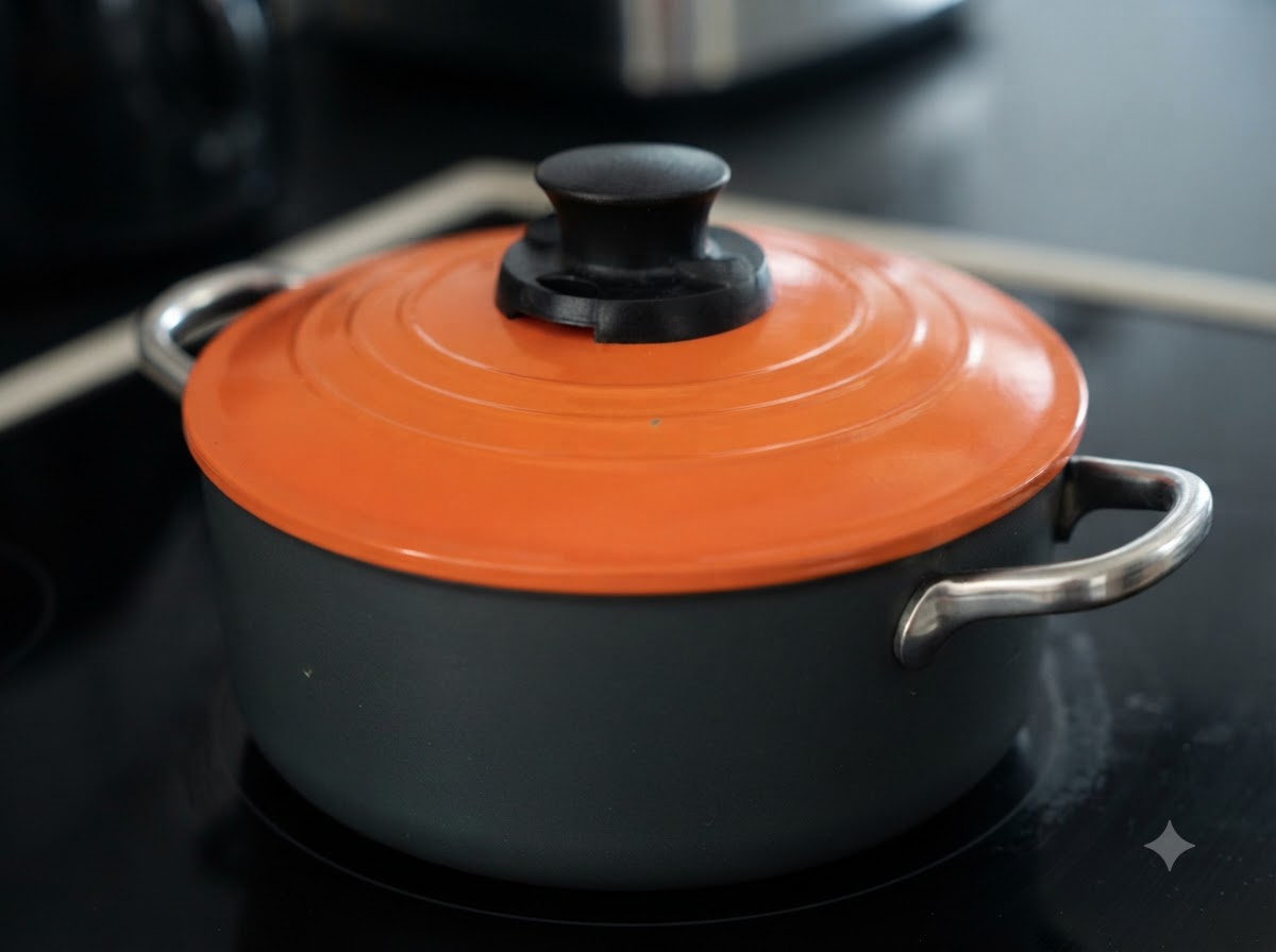 Une cocotte en fonte orange avec son couvercle posée sur une cuisinière.