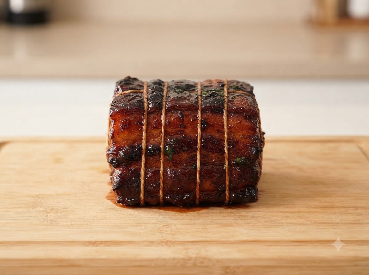 Un couteau aiguisé coupant un rouleau de porc chashu ferme et bien frais sur une planche à découper en bois, révélant des couches nettes de viande et de gras.