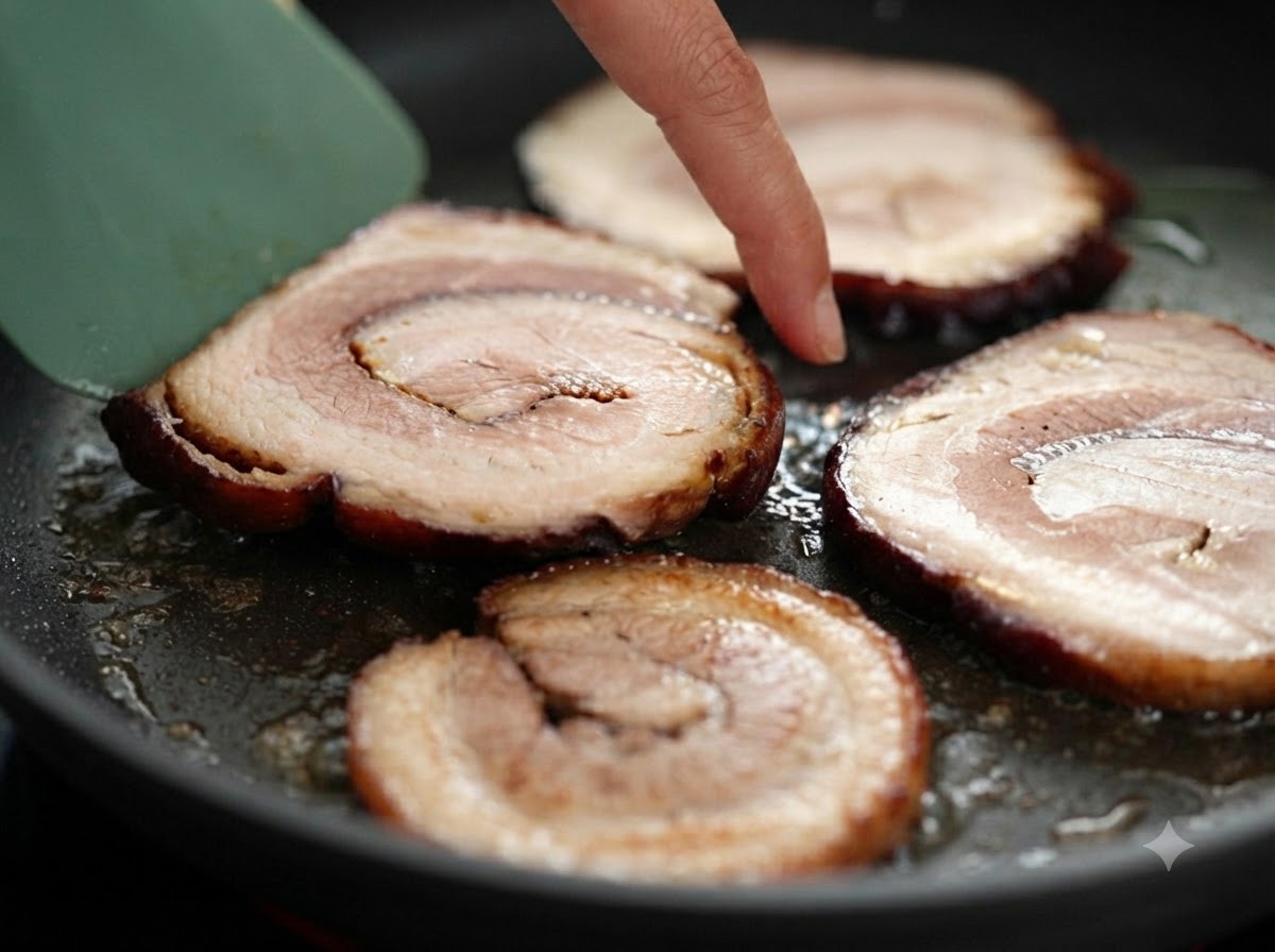 Dépaisses tranches circulaires de poitrine de porc chashu crépitant dans une poêle à frire.