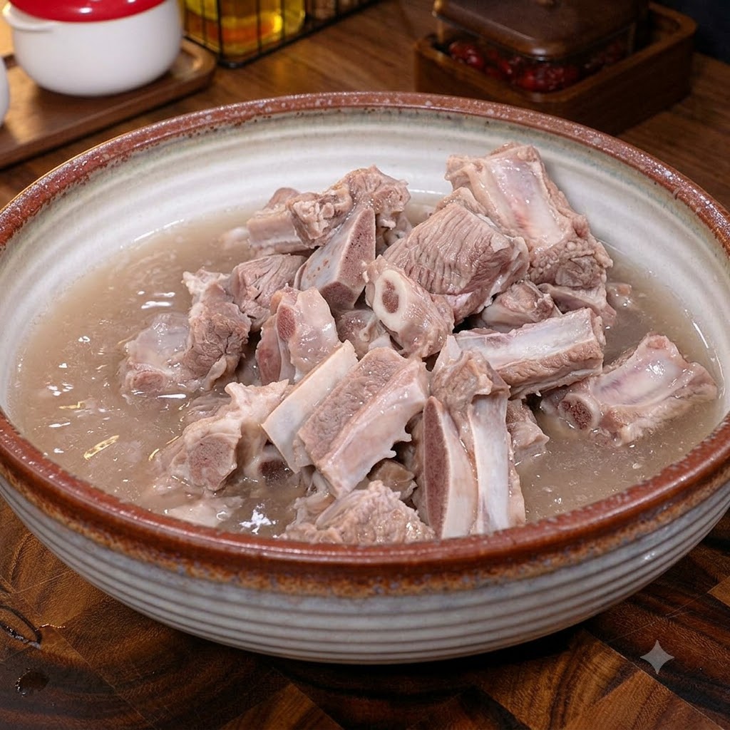 Morceaux de bœuf rincés à leau claire dans un grand bol en céramique.