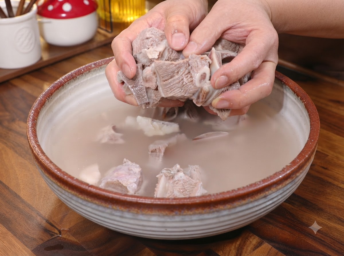 Ajout des morceaux de bœuf blanchis dans un wok contenant du gingembre, de la ciboule et des épices.