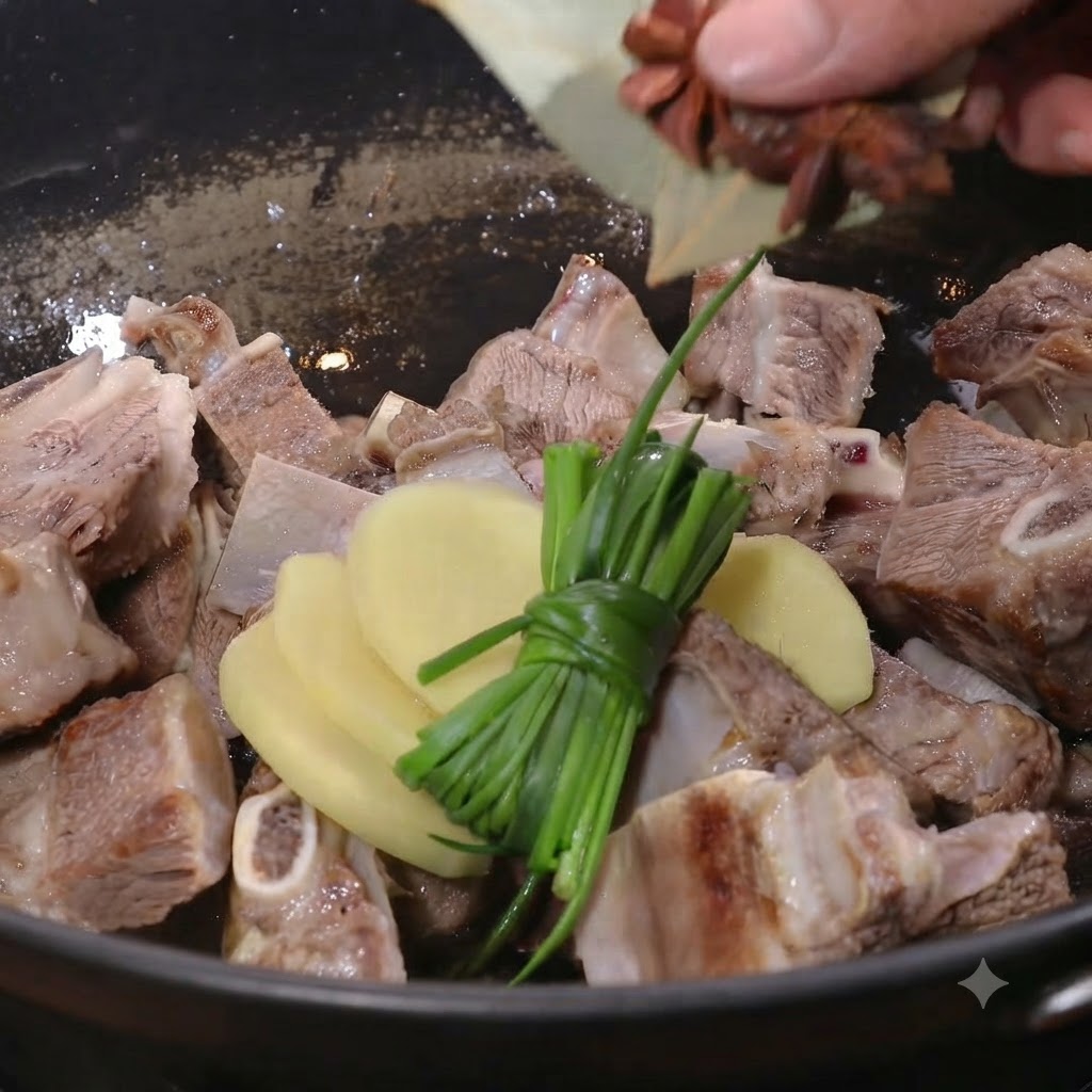 Tranches de gingembre, ciboule nouée et anis étoilé ajoutés dans une poêle huilée.
