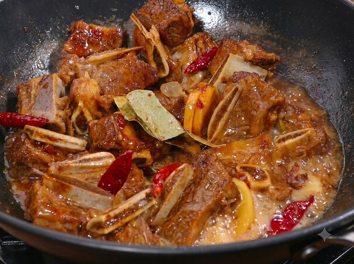 Morceaux de bœuf enrobés de sauce soja et dépices mijotant dans un wok.