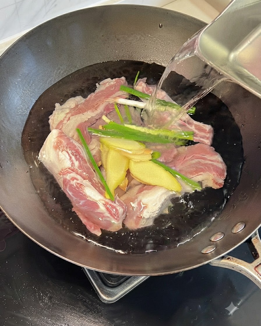 Côtes de bœuf crues dans un wok avec de leau, des tranches de gingembre et de la ciboule.