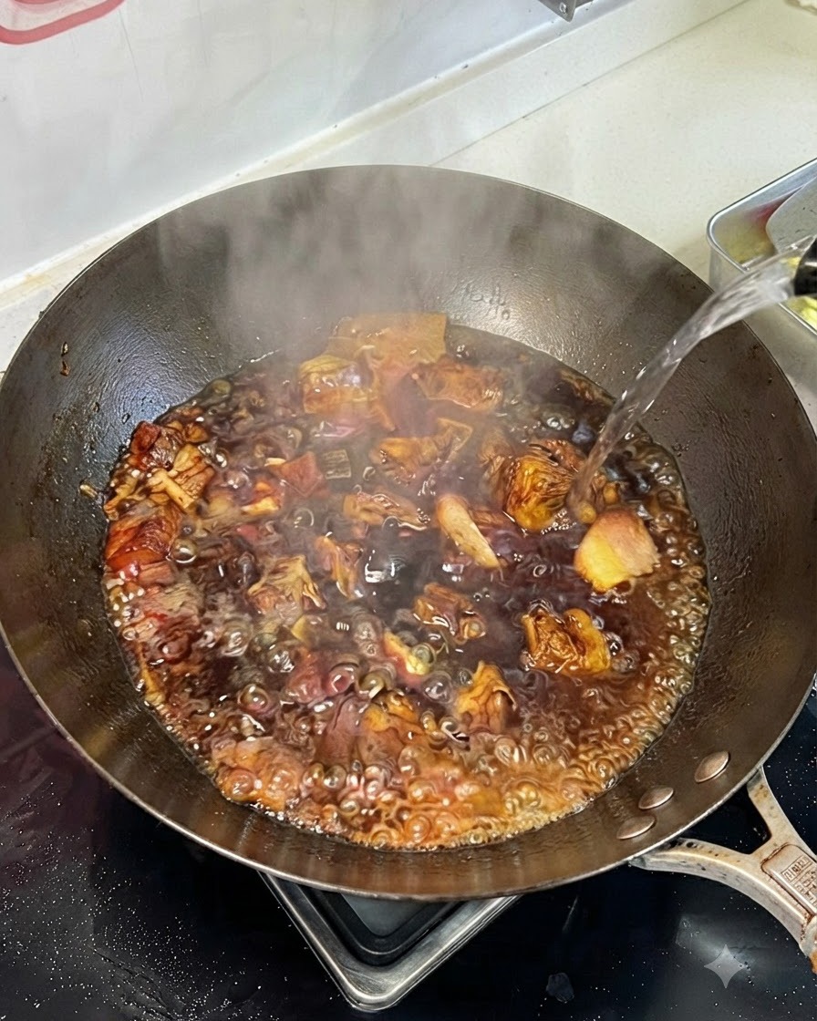 Eau chaude versée depuis un récipient dans un wok bouillonnant contenant le bœuf et la sauce brune de braisage.
