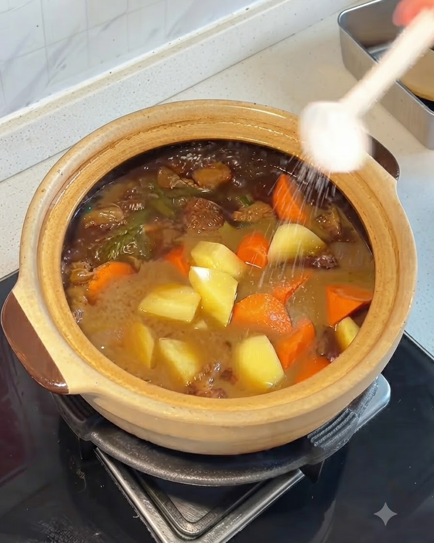 Sel saupoudré depuis une cuillère dans une marmite remplie de bœuf, de pommes de terre et de carottes avant dêtre recouverte dun couvercle.