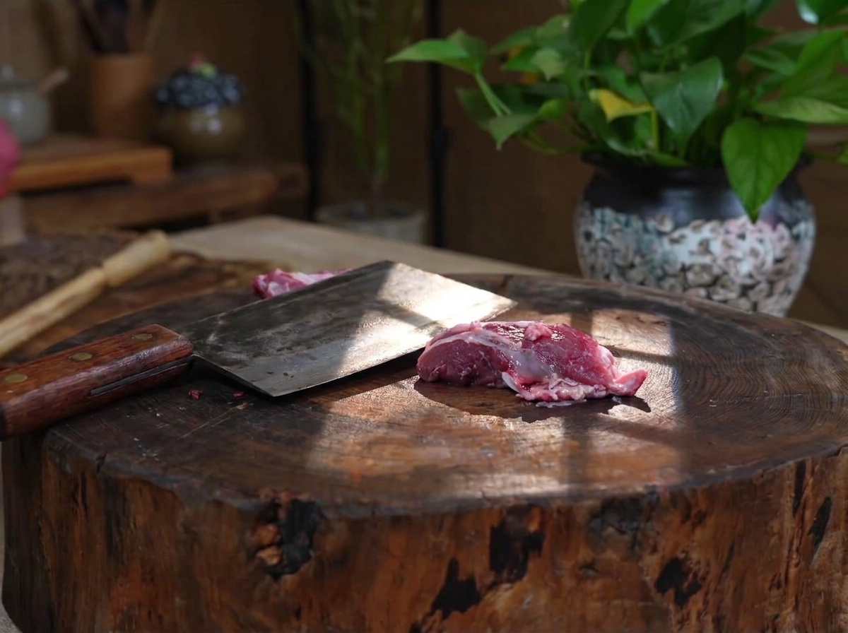 Un grand hachoir posé sur une plancha en bois à côté dun morceau de côte de bœuf crue fraîchement coupé.