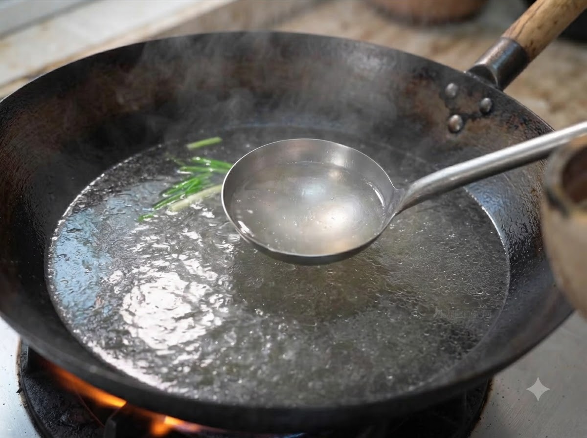 Une louche écumant leau bouillante dans un wok où des côtes de bœuf sont en train dêtre blanchies.