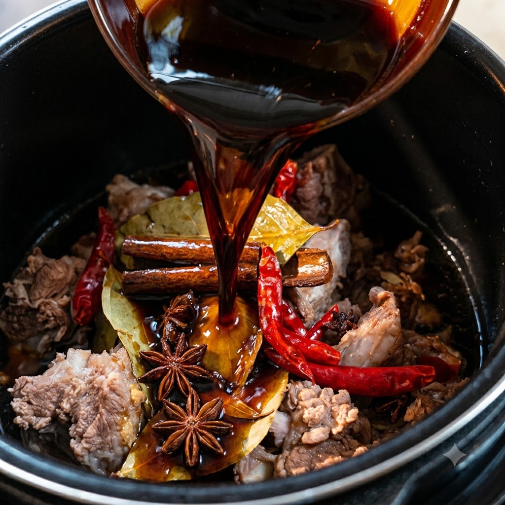 Sauce sombre versée dun bol sur de lanis étoilé, de la cannelle, des piments séchés et des côtes de bœuf dans une cocotte-minute.