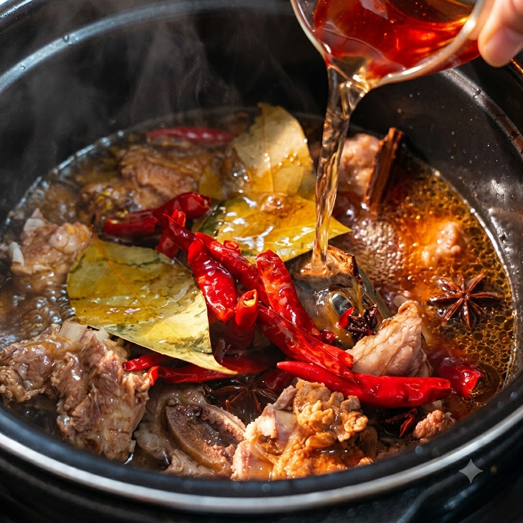 Versement de liquide dans la cocotte-minute contenant les côtes de bœuf, les épices et les piments rouges séchés.