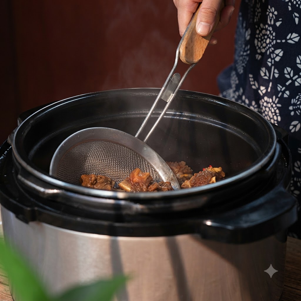 Une écumoire extrayant des côtes de bœuf cuites dune cocotte-minute remplie de bouillon foncé.