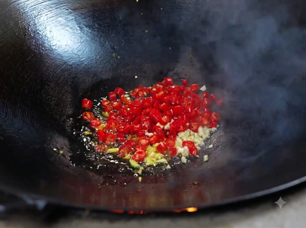 Ail haché et piments rouges frais en train de frire dans de lhuile chaude à lintérieur dun wok.