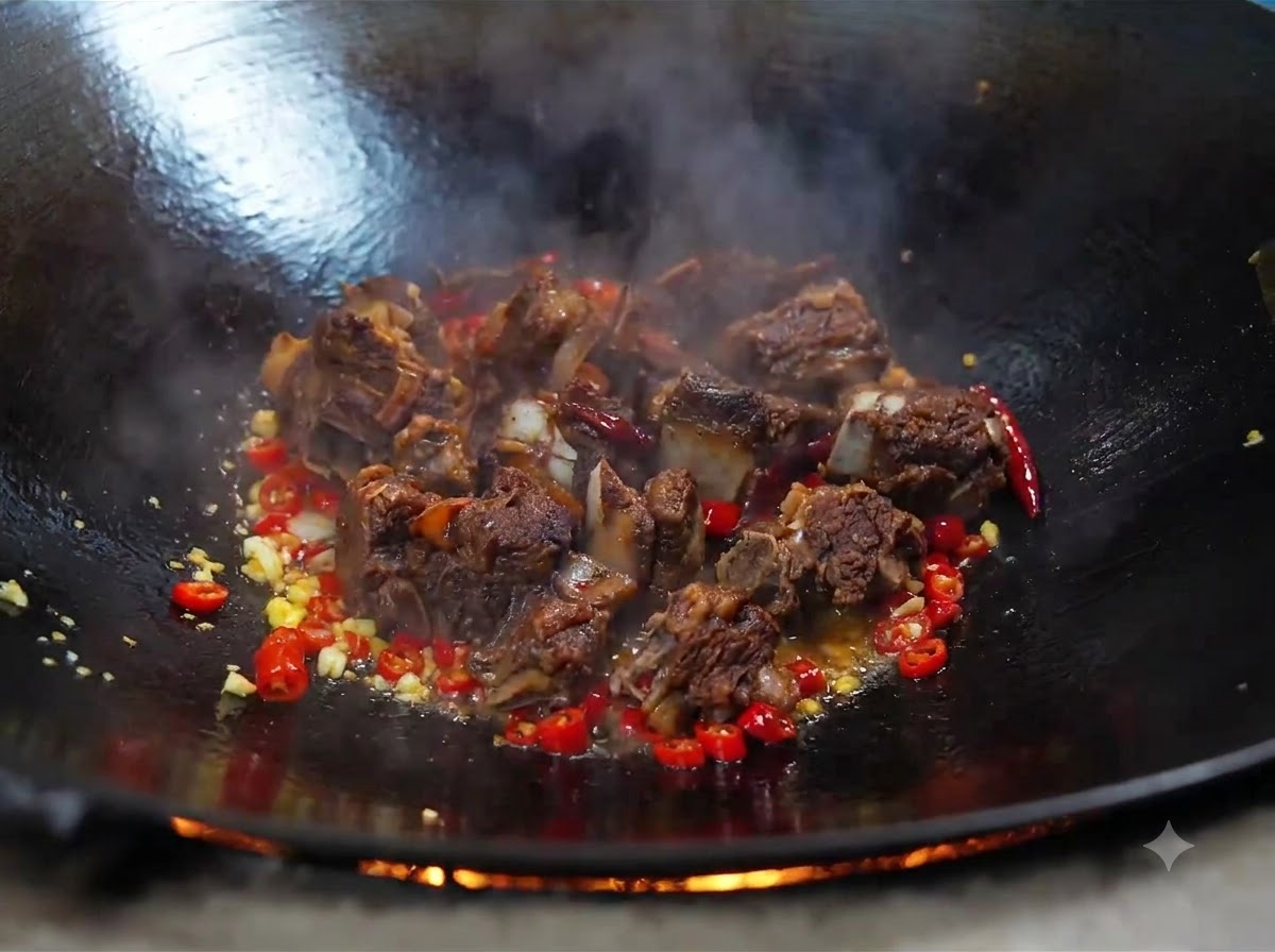 Côtes de bœuf cuites ajoutées dans un wok contenant de lail frit et des piments rouges.