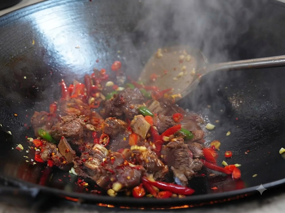 Côtes de bœuf en train dêtre sautées avec de la poudre de piment et des assaisonnements dans un wok à feu vif.