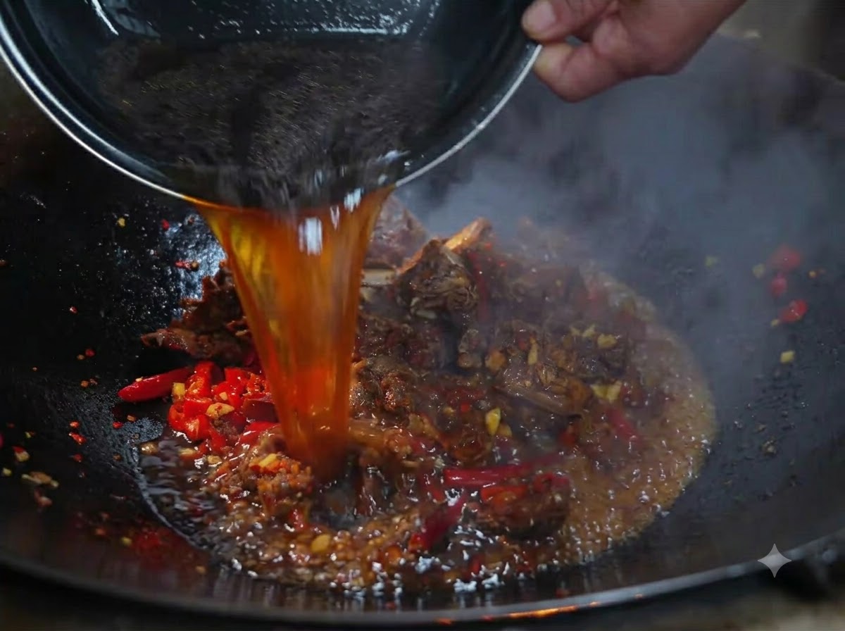 Bouillon foncé versé dun récipient dans un wok contenant des côtes de bœuf assaisonnées.