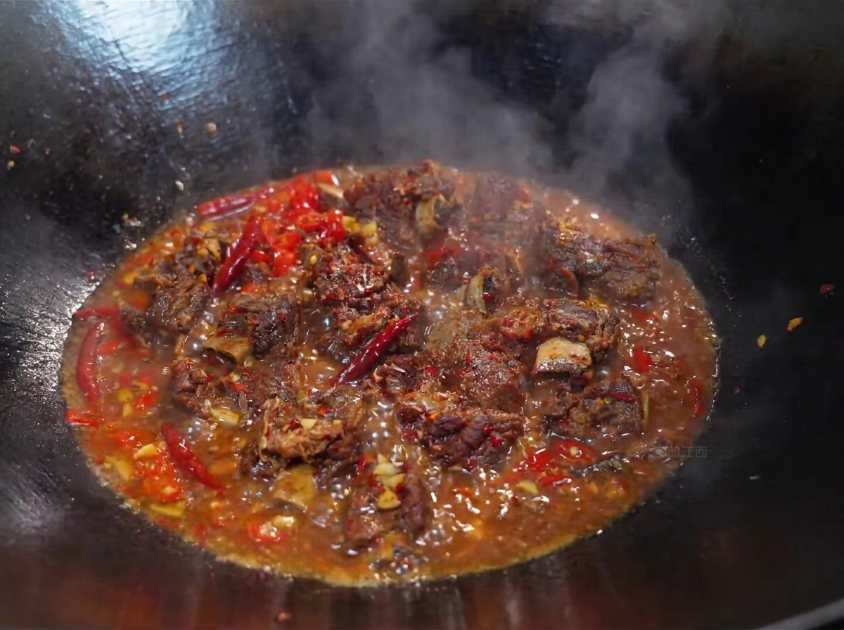 Coriandre verte fraîche et assaisonnements mélangés dans des côtes de bœuf piquantes mijotant dans un wok.