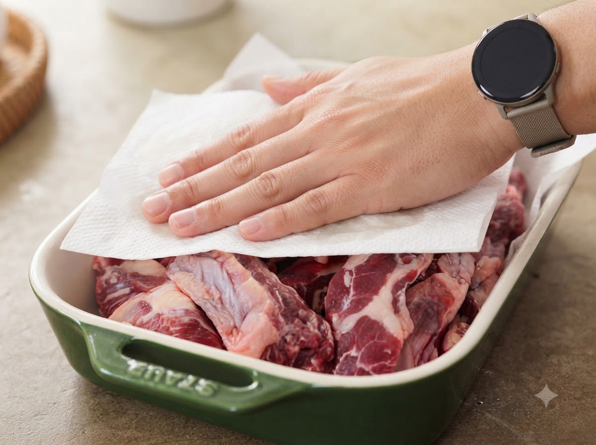 Une paire de mains utilisant du papier absorbant pour presser et sécher des côtes de bœuf crues disposées dans un plat en céramique verte.
