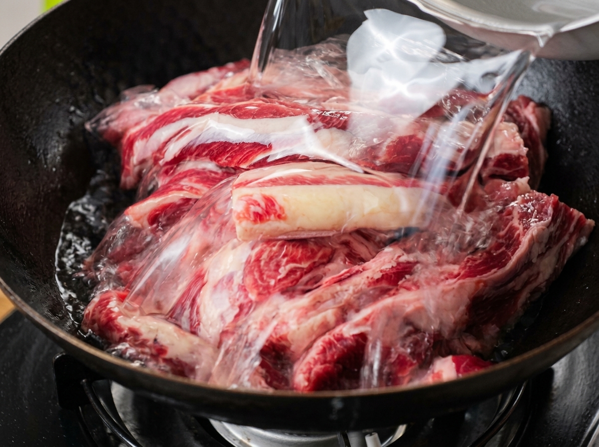 De leau froide versée dun récipient sur des côtes de bœuf crues reposant au fond dun wok sombre.