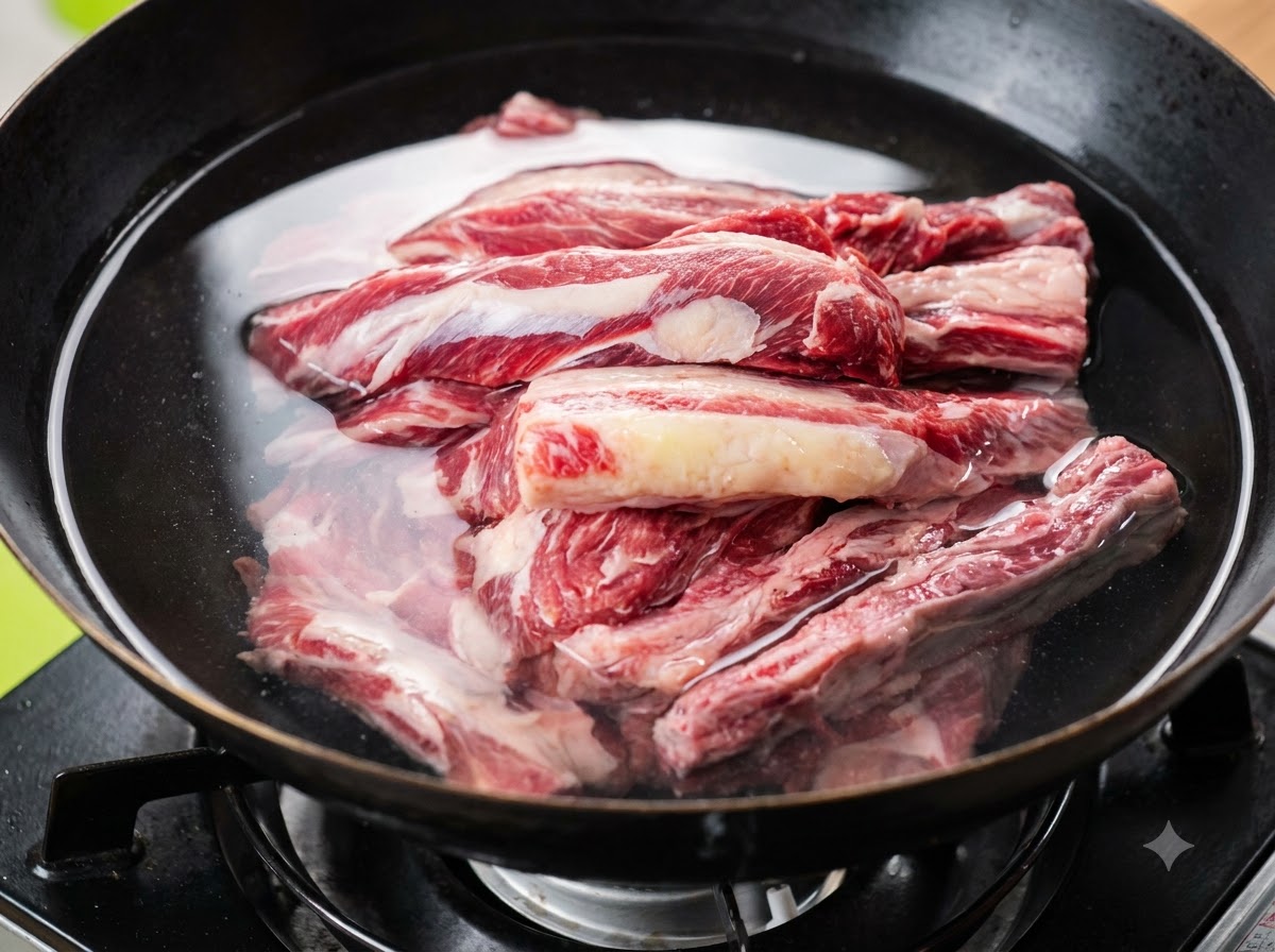 Côtes de bœuf crues submergées dans de leau froide dans un wok, accompagnées de tranches de gingembre et doignons verts noués.